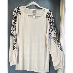 Chico's Womens 3/XL-16 Cream/Black Embroidery Knit Pattern Long Sleeves Fairy
